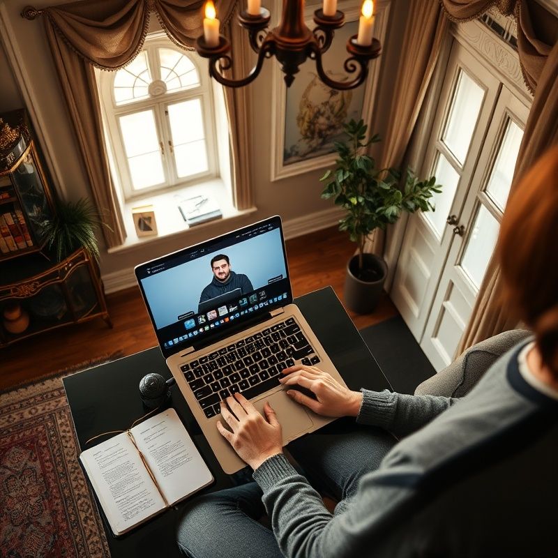 Pohled shora na osobu sledující online webinář na notebooku v domácí kanceláři